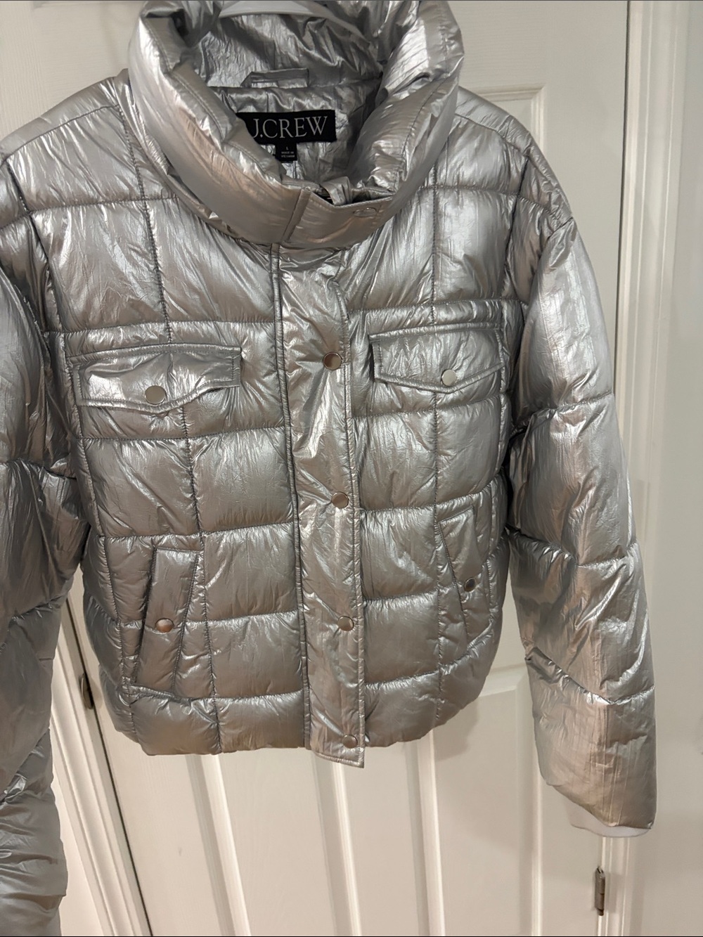 J. Crew Metallic Silver Quilted Puffer Jacket